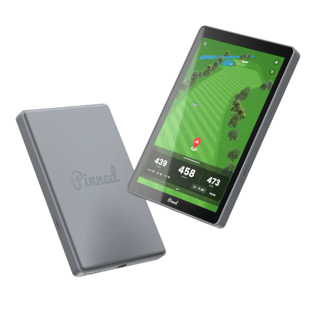Golf navigation device with screen displaying a golf course layout and measurements, next to a gray case branded 'Pinned'.