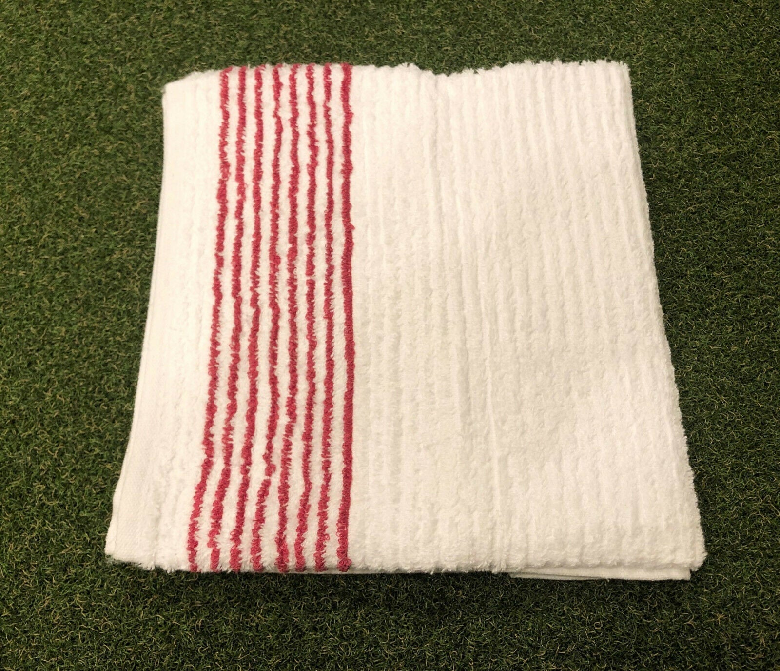 Large 22" x 44" Golf Tour Caddy Towel - White w/ Blue, Black, Red, Green Stripe - The Golf Club Trader