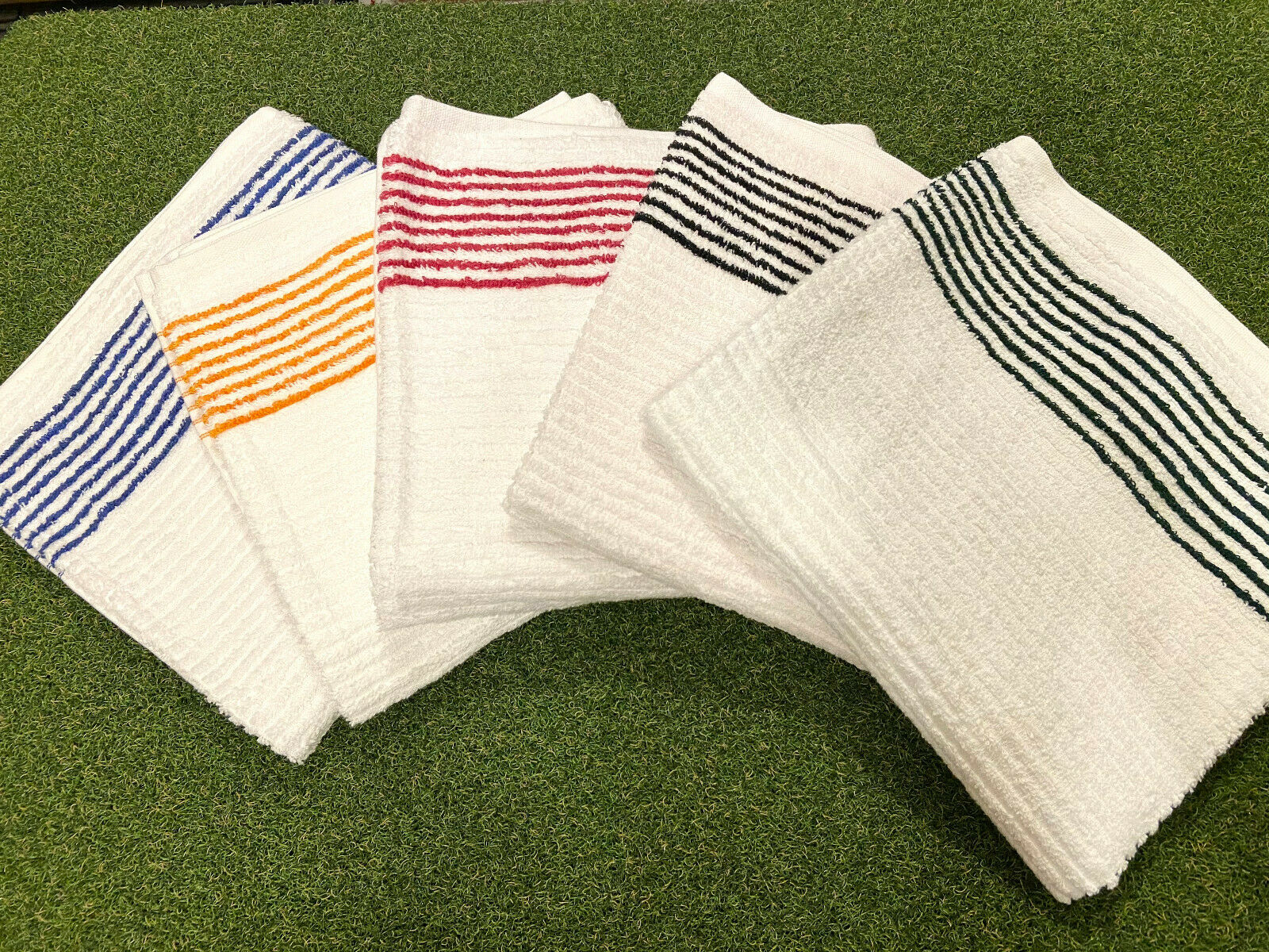 Large 22" x 44" Golf Tour Caddy Towel - White w/ Blue, Black, Red, Green Stripe - The Golf Club Trader