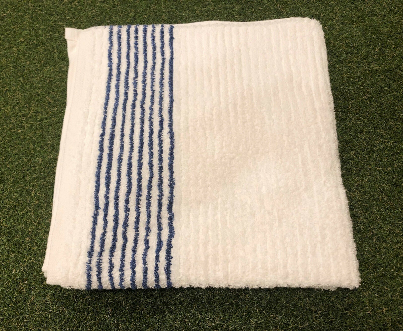 Large 22" x 44" Golf Tour Caddy Towel - White w/ Blue, Black, Red, Green Stripe - The Golf Club Trader